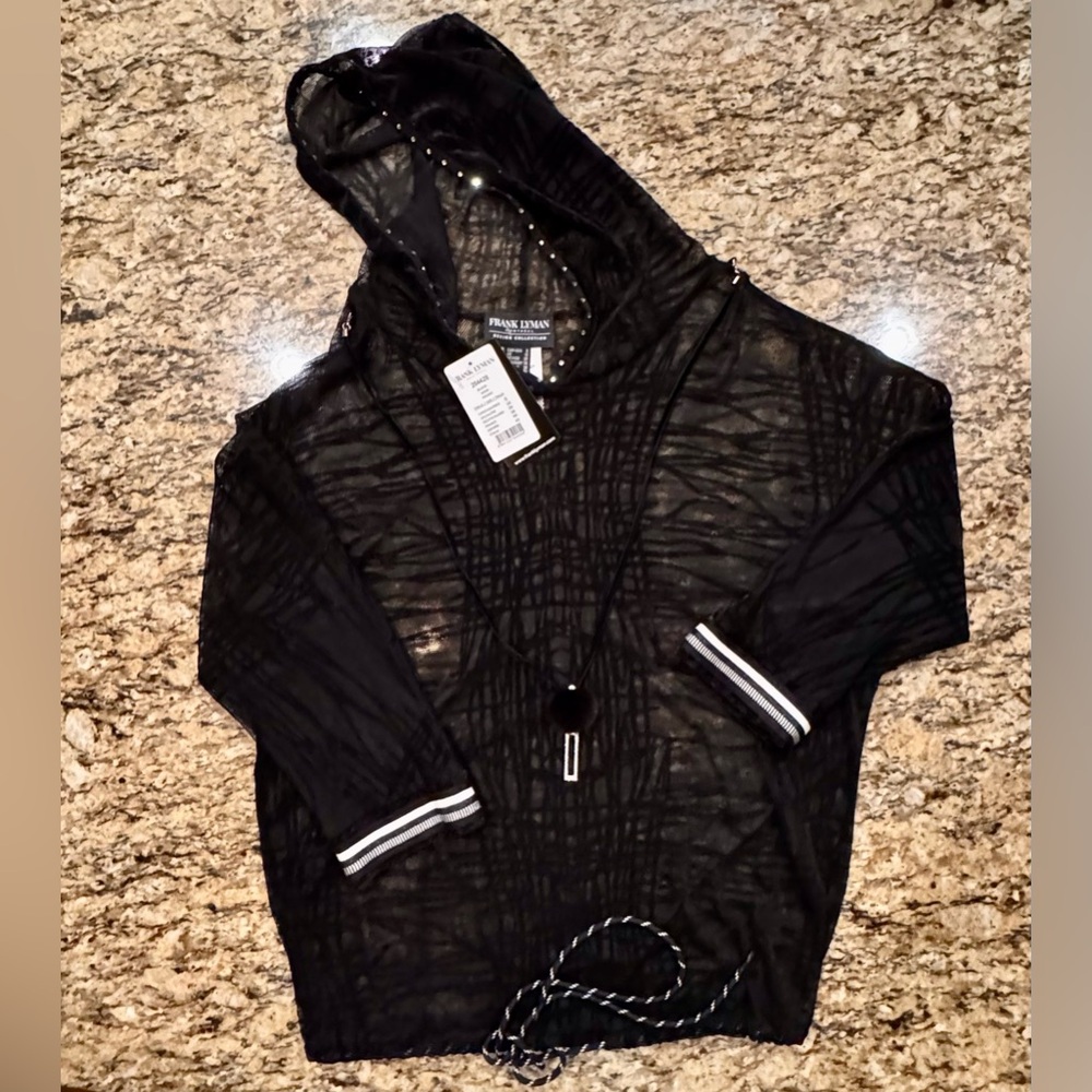 Frank Lyman NEW Black Sheer Hooded Top with RHINESTONE Trim 8